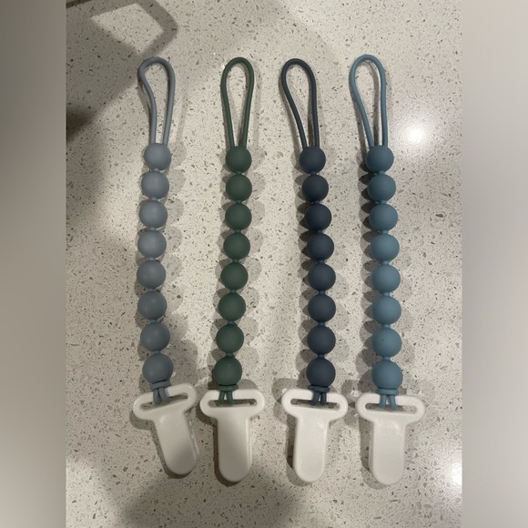 Silicone Pacifier Clips Set of 4 - Blue, Green, Gray - Picture 2 of 3